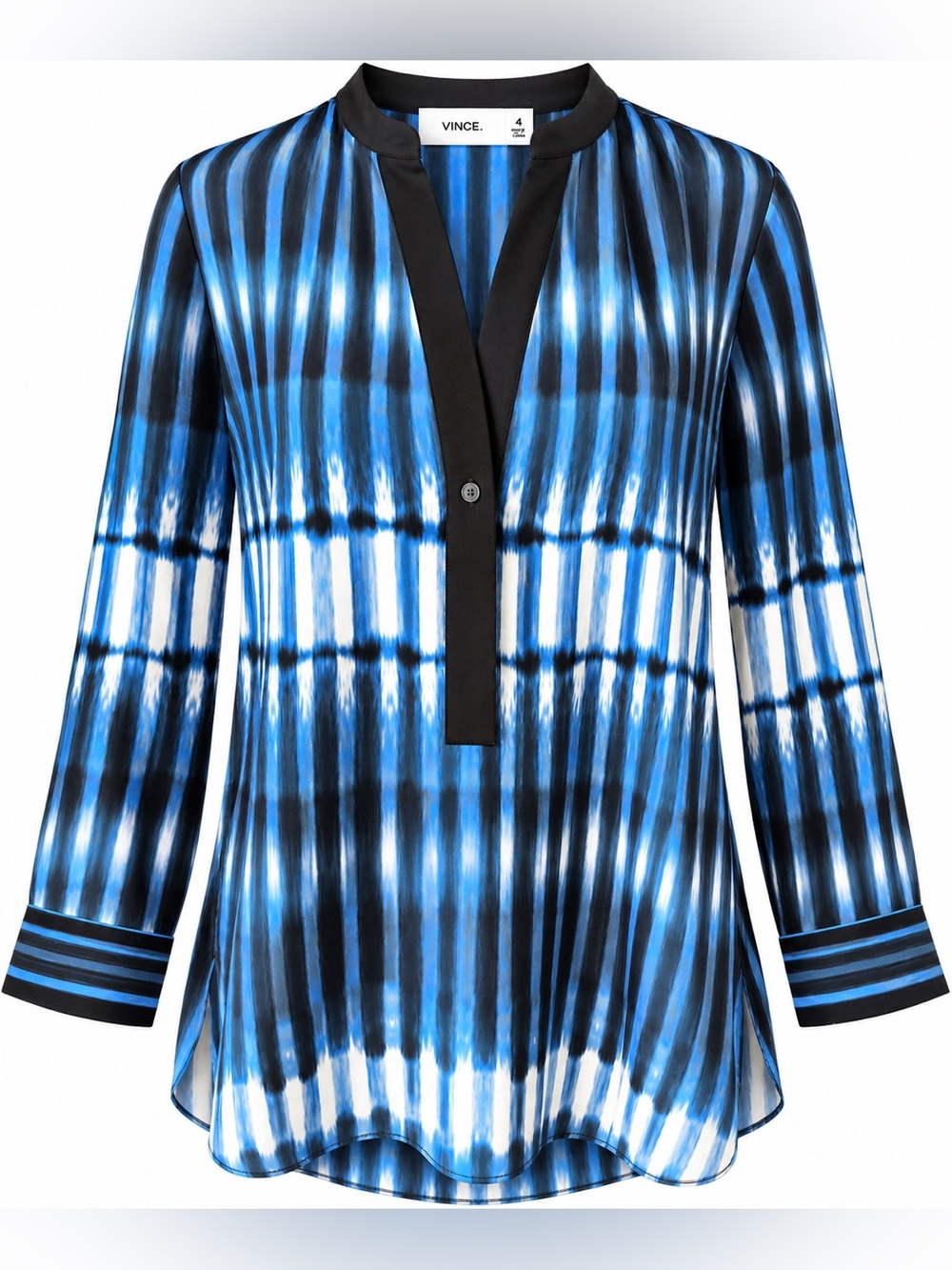 VINCE 100% Silk Blouse Blue Black White Abstract Stripe Tunic Top Size 4 Tie Dye